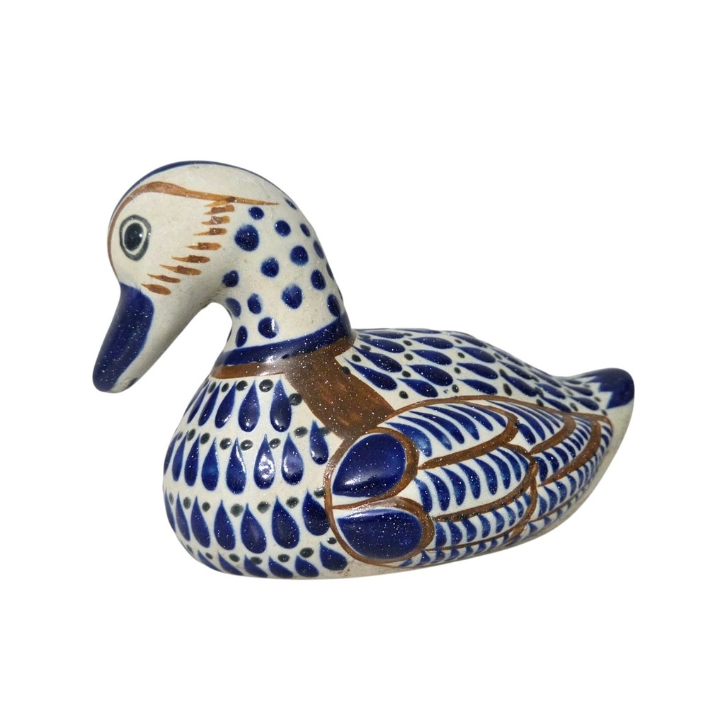 Vintage Tonala Mexico Pottery Duck Figurine Hand Painted Blueโ Signed Folk Art